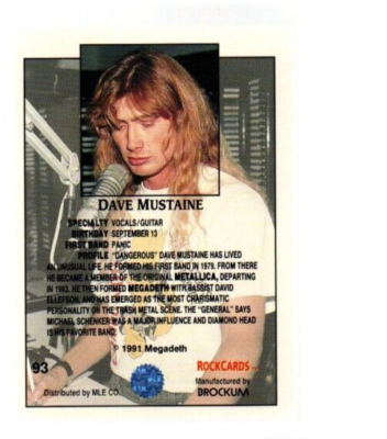 Dave Mustaine Megadeth 1991 Music Rock Band Brockum Rock Star Card