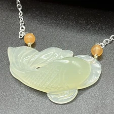 16” Ice Green & Orange Jade Fish Pendant Necklace - Presidium Tested