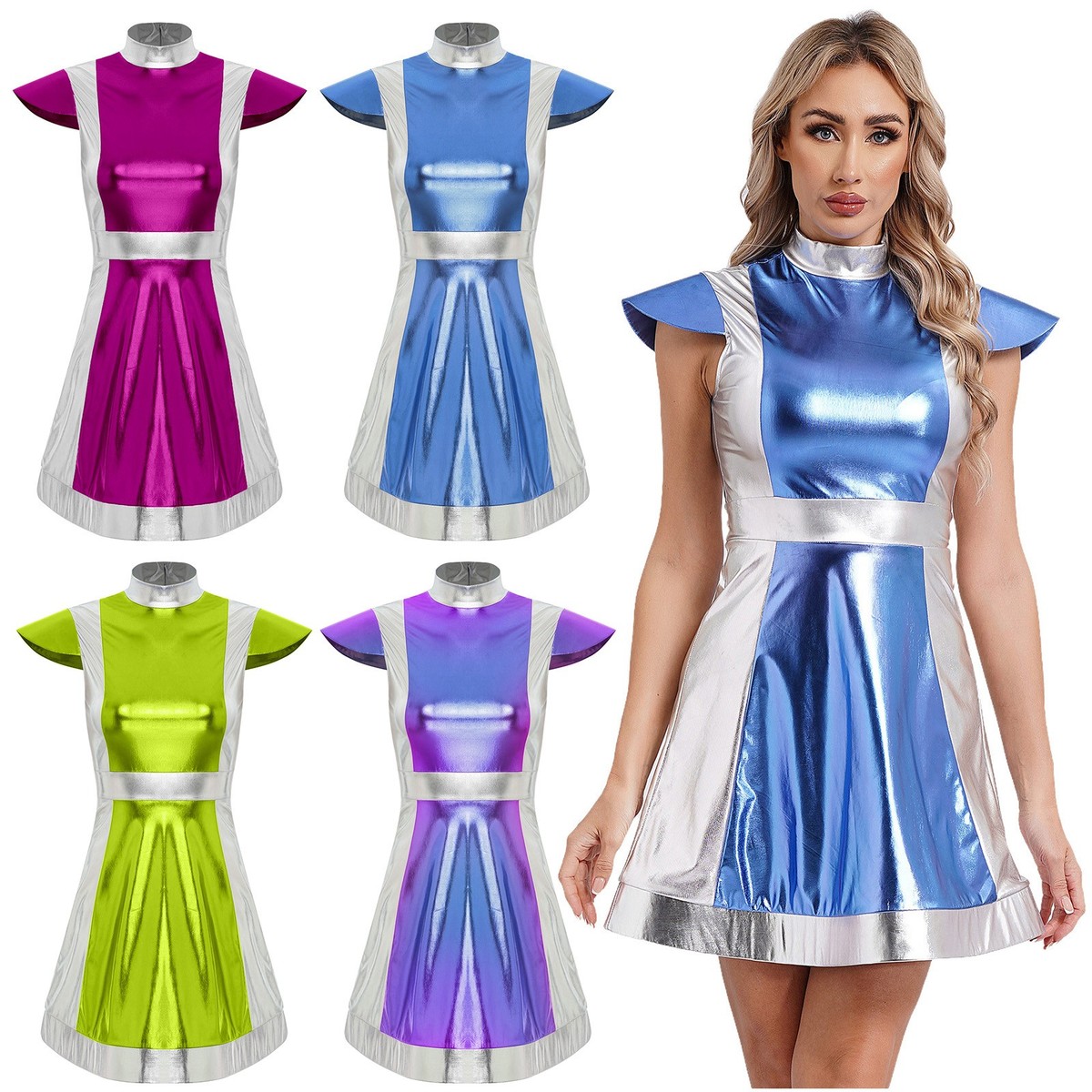 silver space dress costume HDE Shiny Metallic Alien Costume Dress Futuristic Sleeveless Space Skater Dress Silver 2X