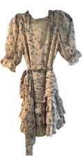 Love Shack Fancy Chiffon Silk Dress Sz 4 Floral Tie Waist Puff Sleeve