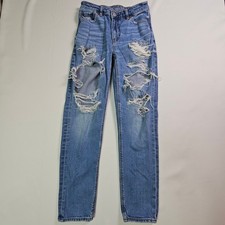 American Eagle Mom Jeans Womens 00 Blue Distressed Stretch Denim