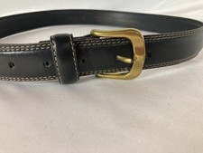 Vintage French Black Leather Belt Solid Brass Buckle Contrast Stitching 32" x 1"