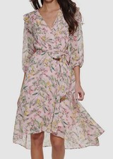 Tommy Hilfiger Women Pink Printed Balloon-Sleeve Faux-Wrap Dress Size 12