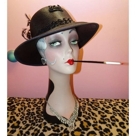 Vintage Black Church Hat beads sequins feathers goth pinup  display picture 2