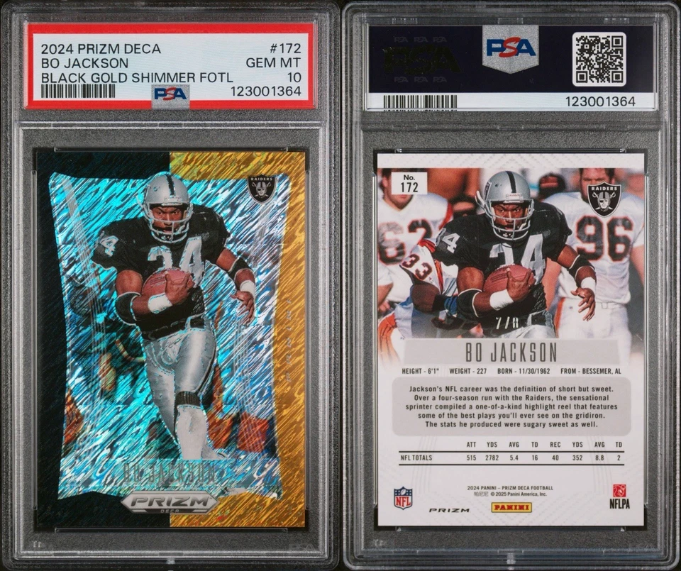 2024 Panini Prizm Deca #172 Black Gold Shimmer FOTL Bo Jackson /8 PSA 10 Pop 1 - Image 3 of 3