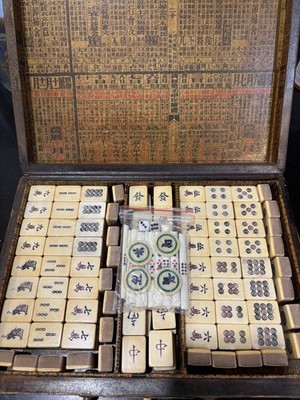 Antique Chinese Bone & Bamboo Mahjong Set, Painted Wood Case , Complete