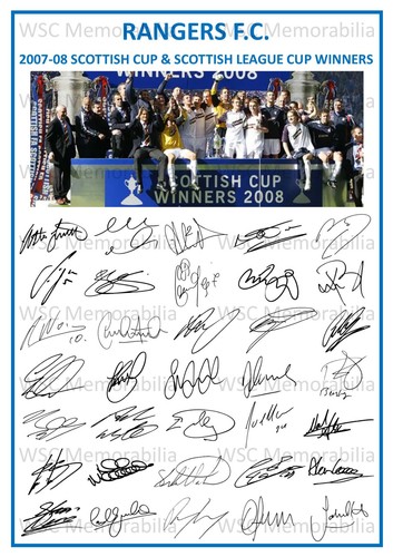 12865. 2007-08 Glasgow Rangers Signed Team Photo Sheet PRINTED AUTOS A4 Double