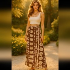 VINTAGE 1970s RARE BATIK COTTON MAXI SKIRT BROWN FLORAL SMALL