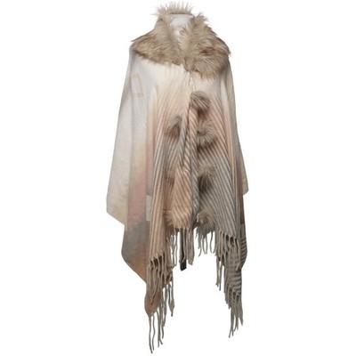 Cashmere, Poncho, Größe: ONE SIZE, Beige/Grau/Weiß, Streifen, Damen #PT1