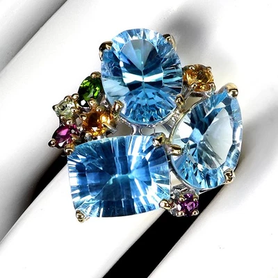 925 Sterlingsilber Ring Antik Konkav Schliff Schweizer Blau Topas 32ct Handmade - Bild 1 von 4