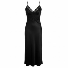 Vintage Small Black Lace Trim Maxi Slip Spaghetti Straps V Neck Satin Nightgown