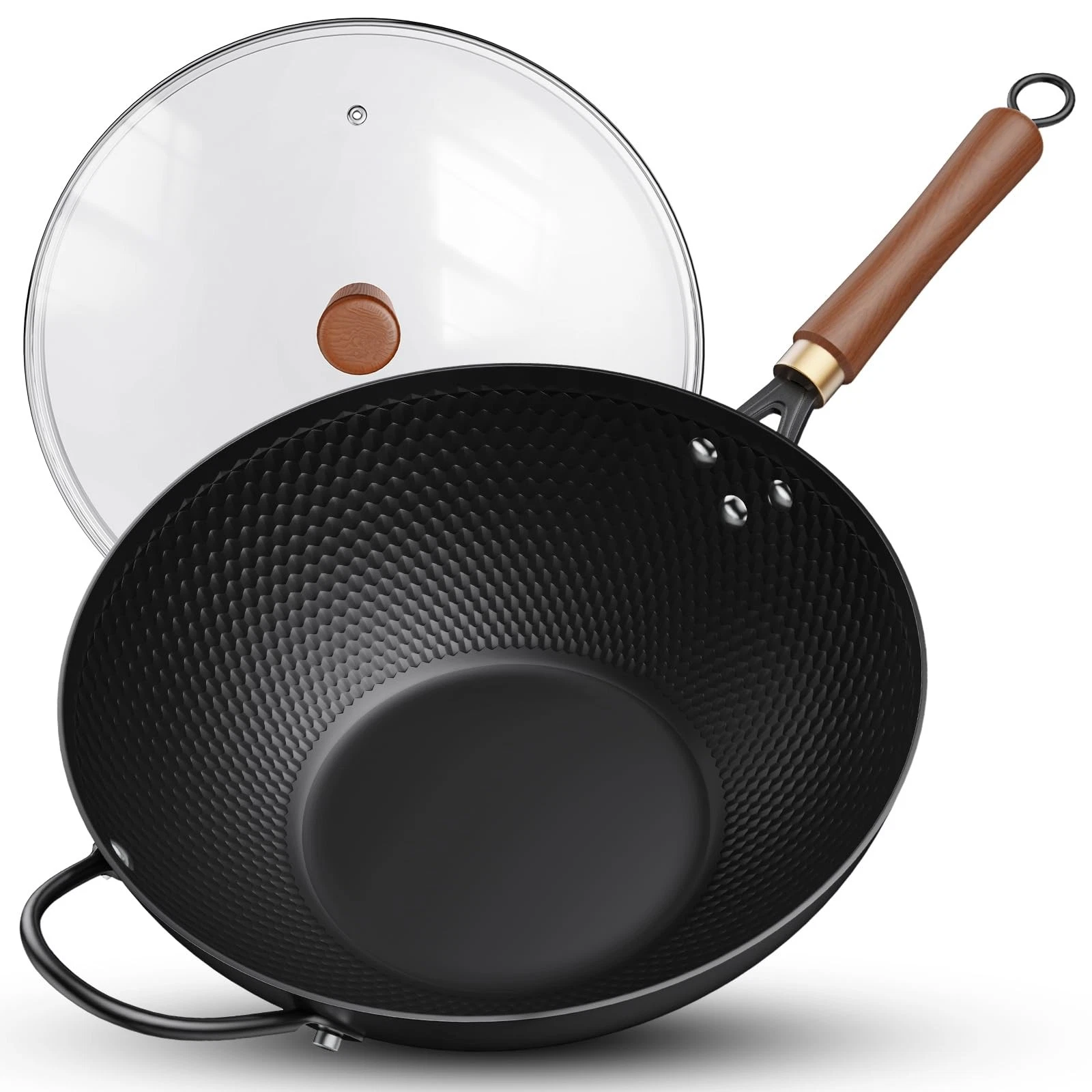 TODLABE NONSTICK WOK, CARBON STEEL WOK PAN WITH GLASS COVER WOKS 13" - BLACK
