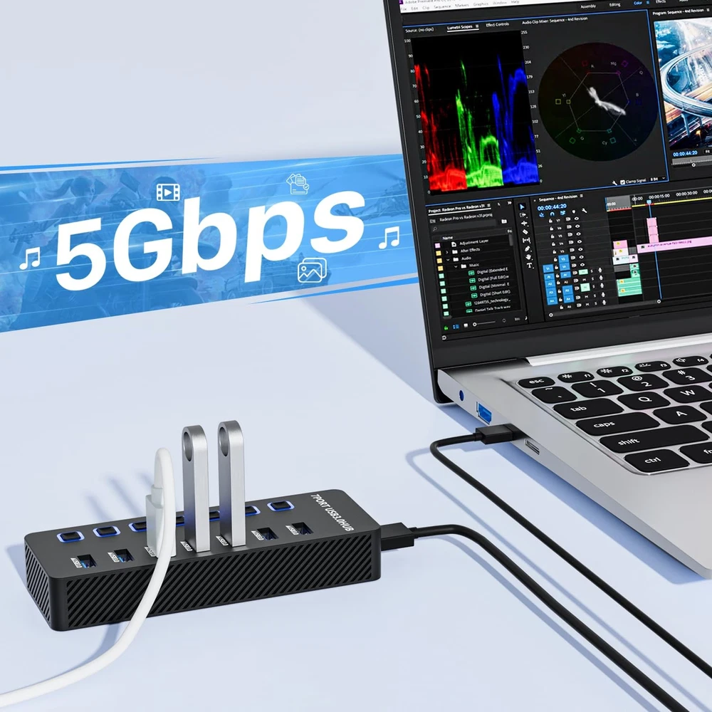 7-Port USB 3.0 Hub with Individual LED On/Off Switches & Fast Data Transfer