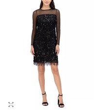 Eliza J Illusion Sequin Fringe Shift Dress  0 Cocktail See Through Arms Black