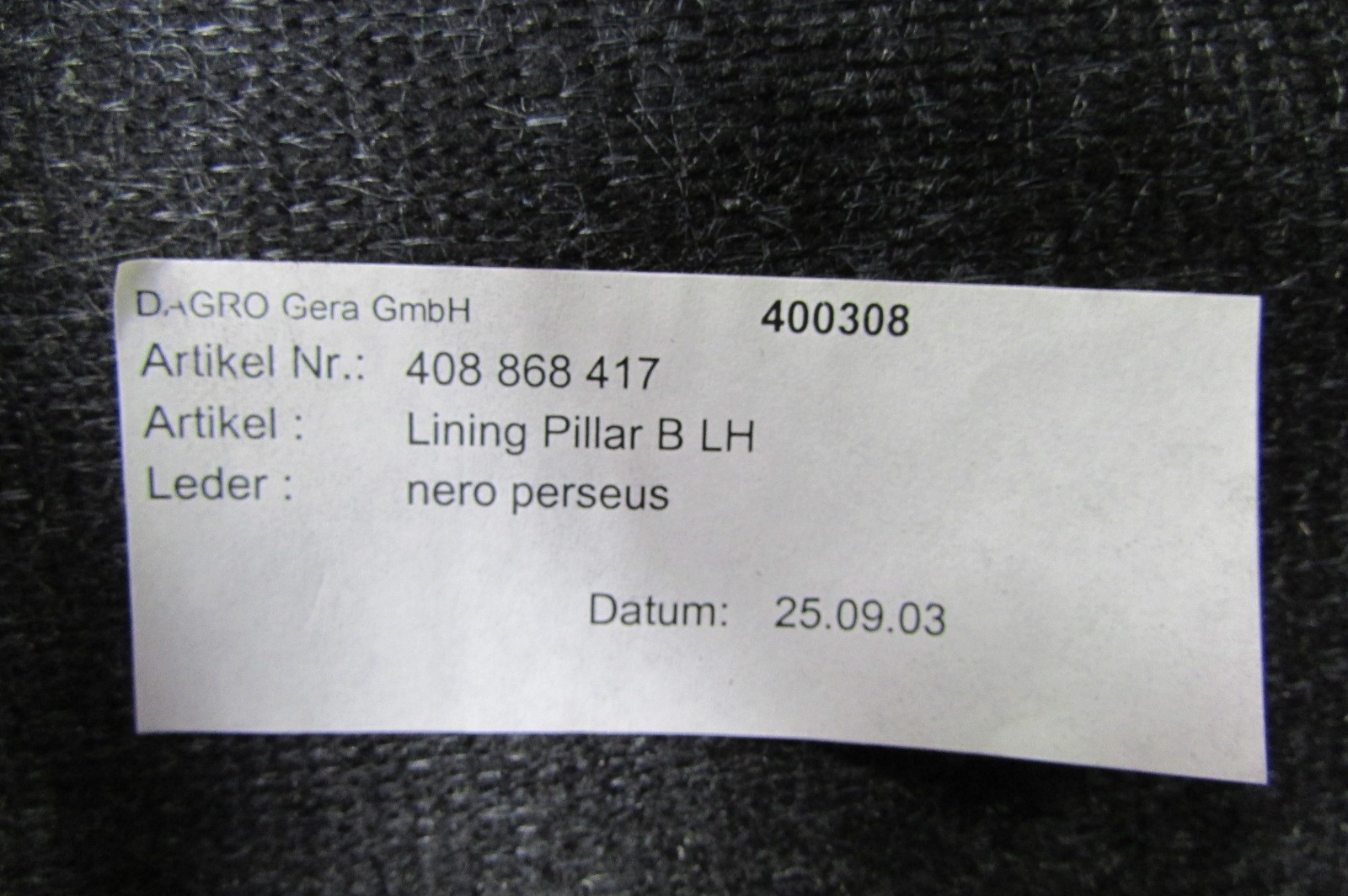 Lamborghini Gallardo Coupe, LH Upper B-Pillar Trim Panel, Black, P/N 408868417