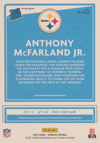 2020 Panini Donruss Football Optic Rated Rookie Preview #341: Anthony McFarland - Picture 2 of 4