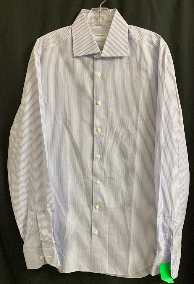 Men’s Cesare Attolini Dress Shirt 42 Regular Purple And Light Blue Striped - Image 2 of 4