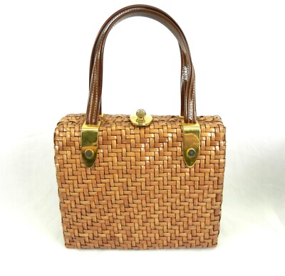 Vintage ADG Diagonal Weave Vinyl Wicker Handbag Brown Hinged Box-Style  T02