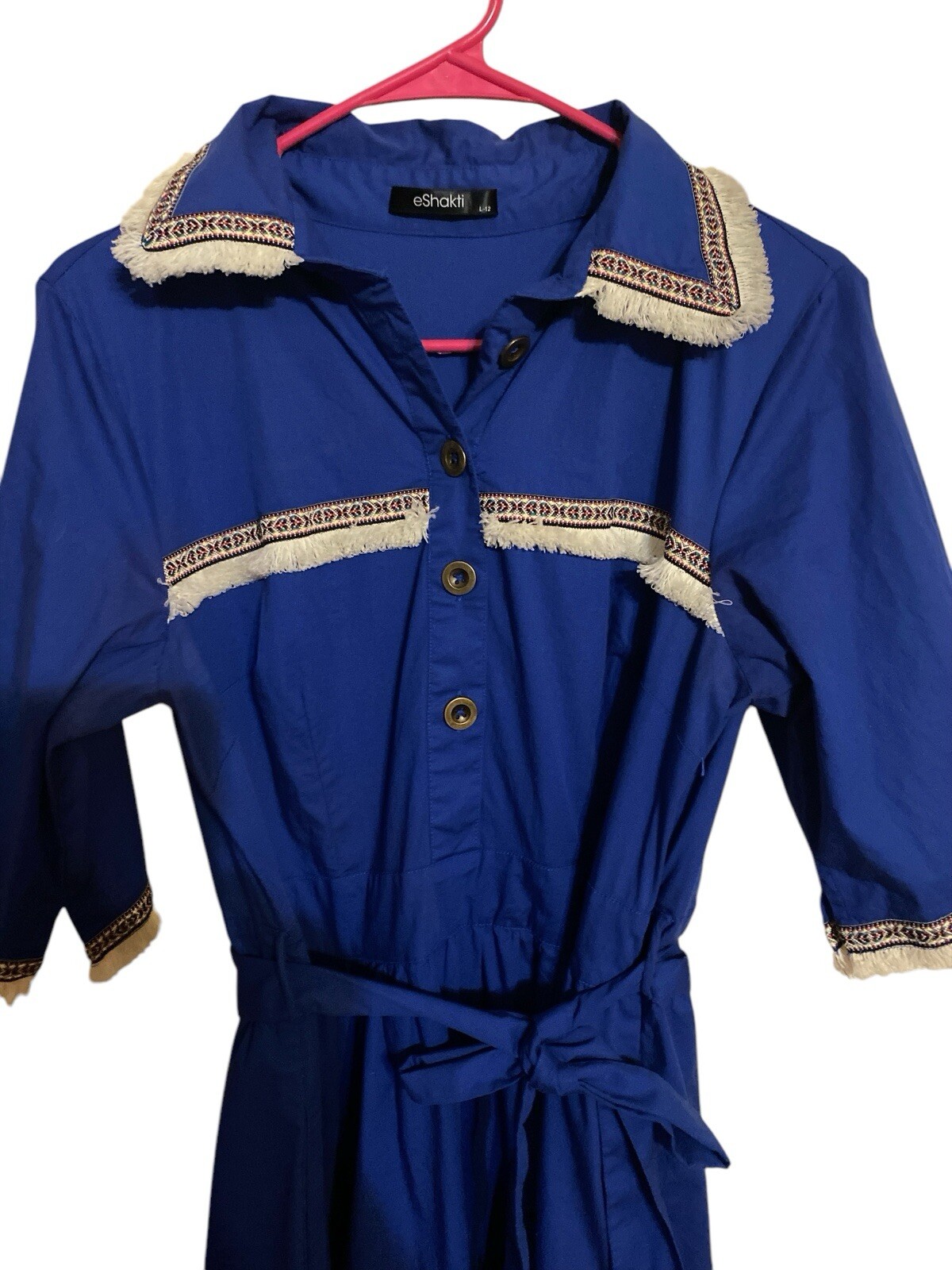 eSHAKTI Women's Blue Fit N Flare Midi Dress Sash Waist Custom Size L 12 Pockets