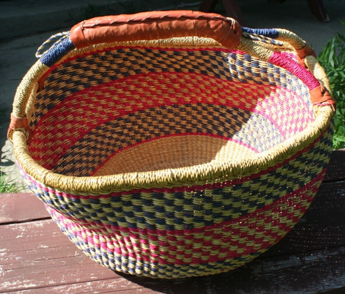 large 16" Ghana African Bolga Market Basket hand woven leather wrapped handle