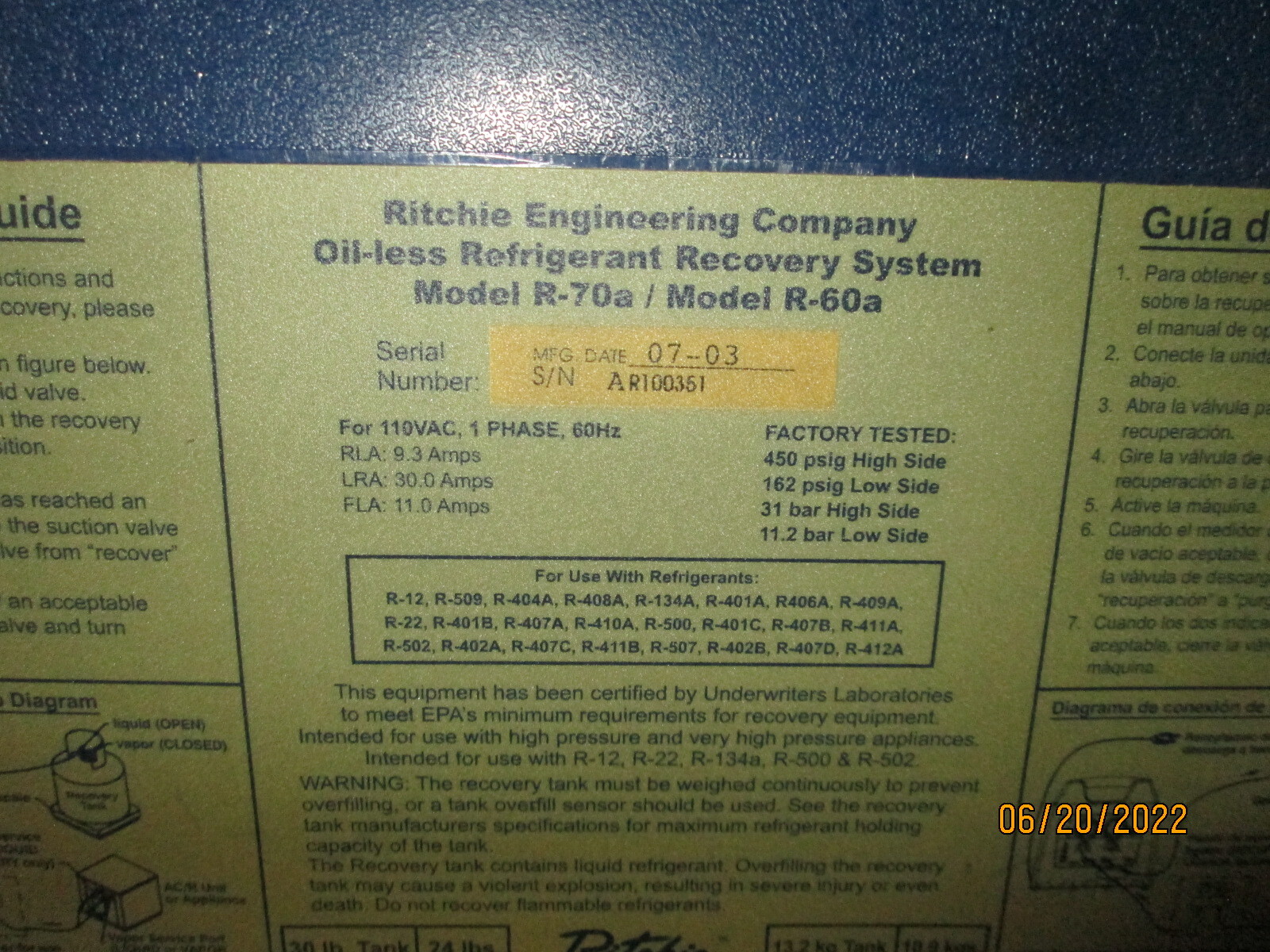 Yellow Jacket R60a Oil Less Universal Refrigerant Recovery System 2003