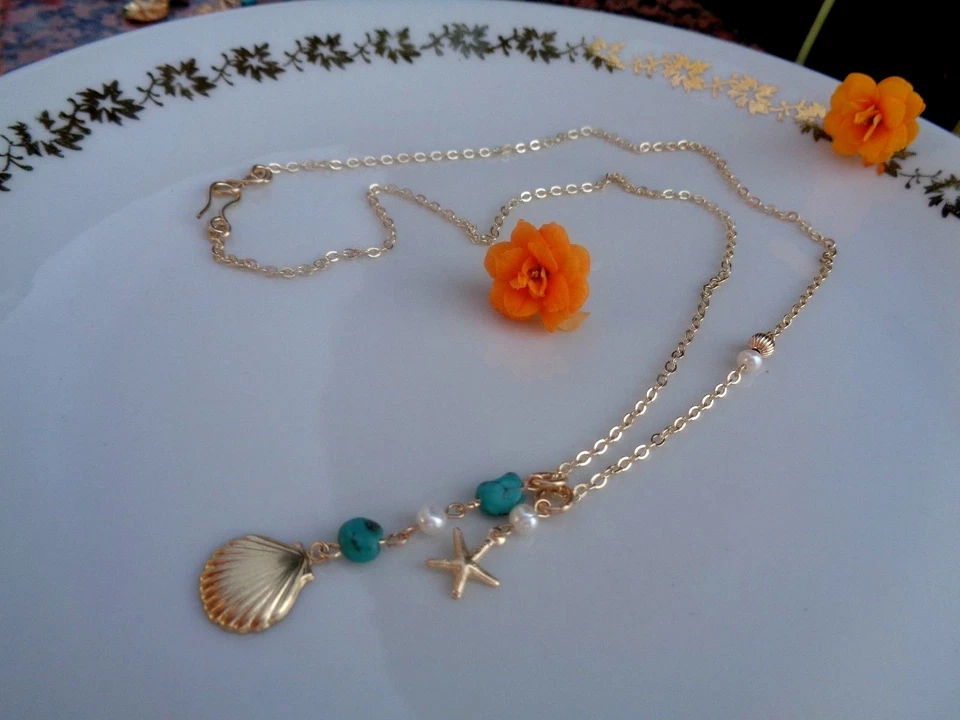 Gold Kette Muschel Anhänger 14K Gold Filled Perle Türkis - Bild 3 von 4