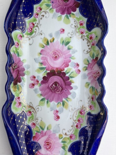 Vintage Ultramarine Blue Gilt Pink Roses Hand-Painted Relish Candy Decor Dish - Picture 2 of 9