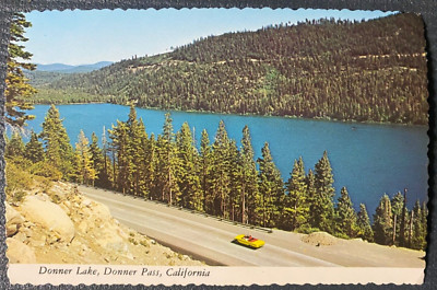 VTG Postcard Donner Lake With Yellow Convertible 1960's (Unposted)