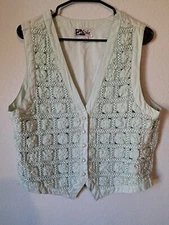 SaShee mint green vest with intricate flower and pearl design. Large 100% cotton