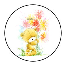 TEDDY BEAR FLOWERS ENVELOPE SEALS STICKERS LABELS TAGS 1.5" ROUND 30