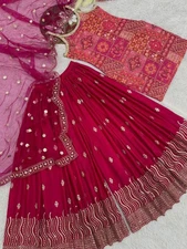 Beautiful Pink Pure Chinnon Silk Palazzo Suit And Dupatta For Functional Wear