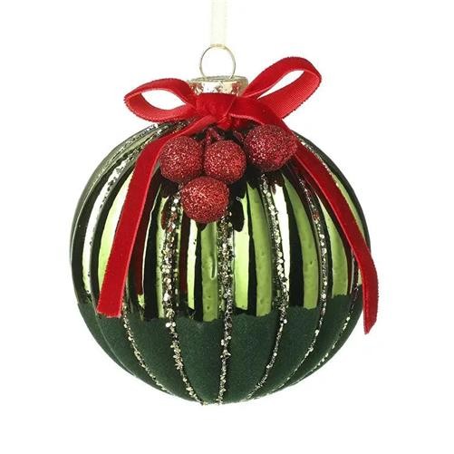 Green Glass Bauble With Berries & Ribbon 8cm