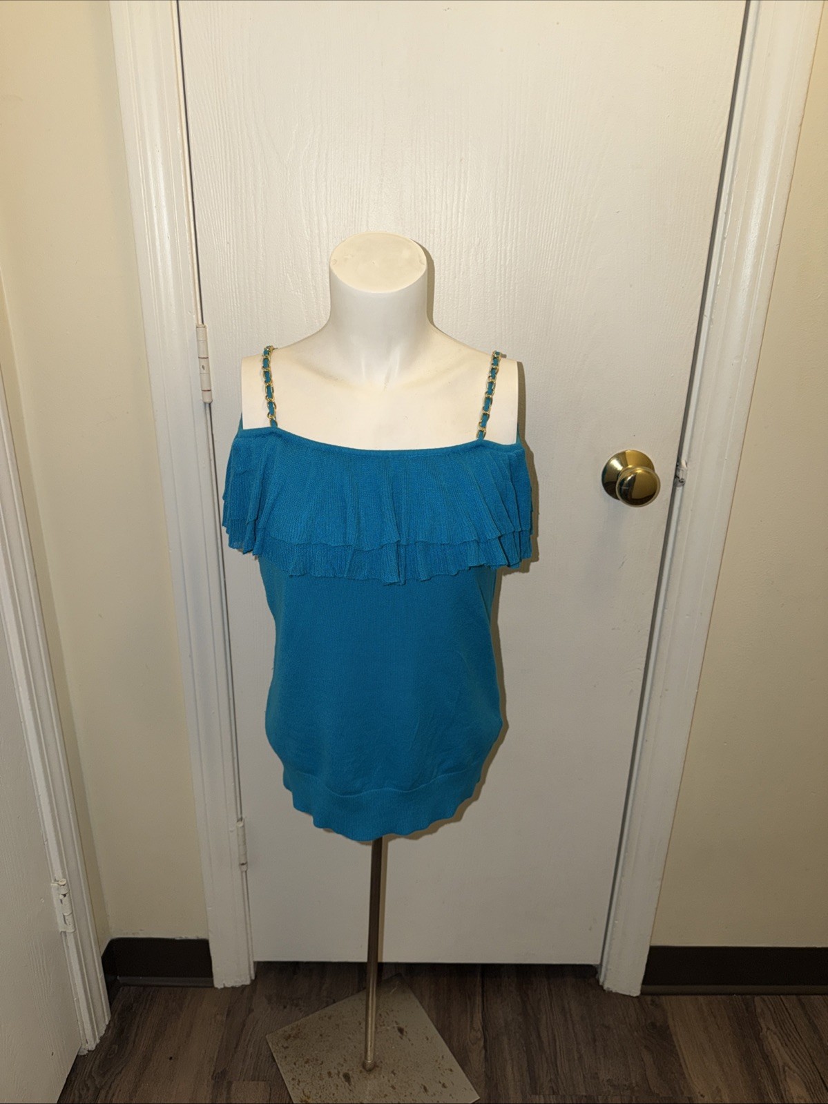 Cache Teal Blue Flutter Ruffle Cold Shoulder Top … - image 1