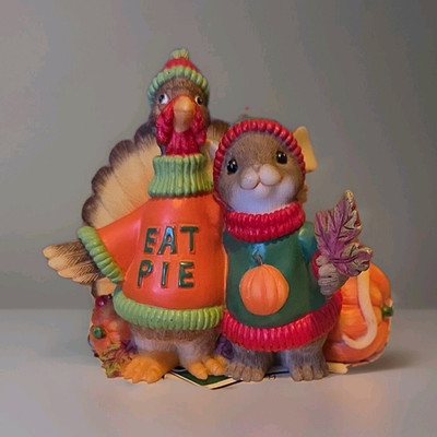Enesco Thanksgiving Turkey + Squirrel Figurine Painted Resin ''EAT PIE''
