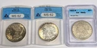 1921-P, D, and S Morgan Silver Dollars ANACS, ICG MS62 Lovely Set All Orig inals