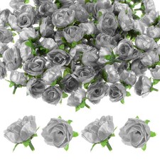 50 PCS Artificial Rose Heads 1.2 Inch Small Silk Faux Flower Silver Tone