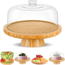 CHEF'S UNIQUE 6-in-1 Bamboo Cake Stand with Dome Multifunctional Serving Platt
