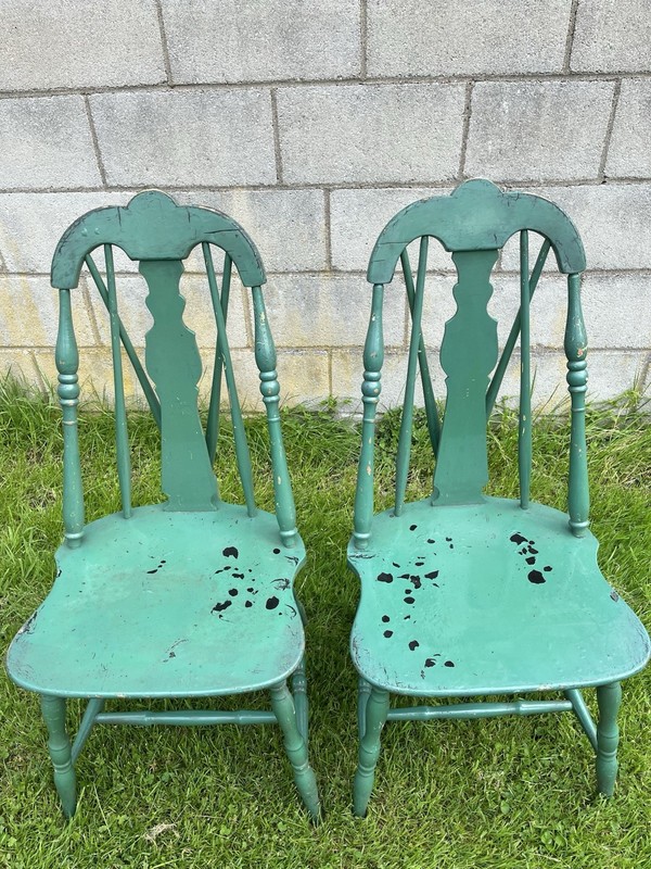 Vintage 19th Century Wood Windsor Spindle Side Chairs Tapered Splat Brace Back