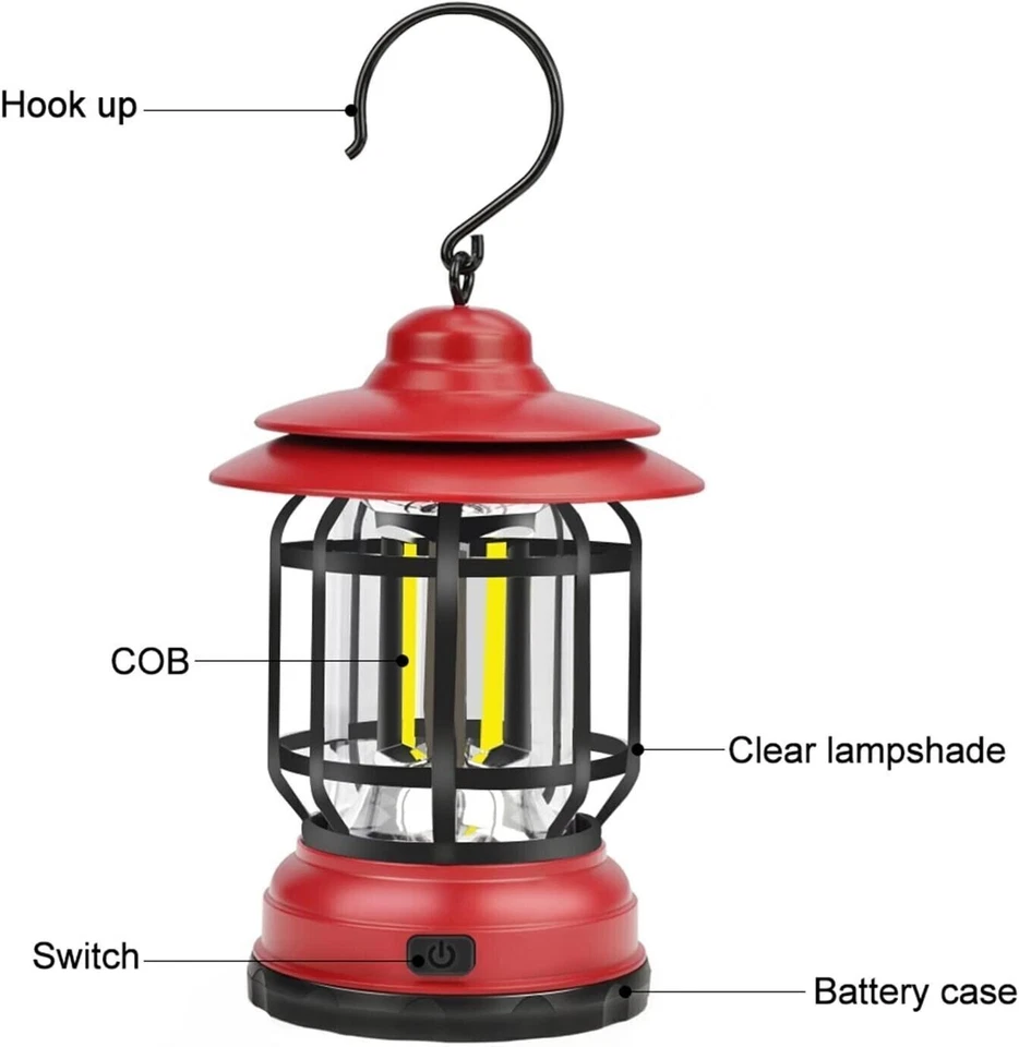 Lampada LED campeggio retrò lanterna ricaricabile USB luce portatile con gancio - Image 3 of 4