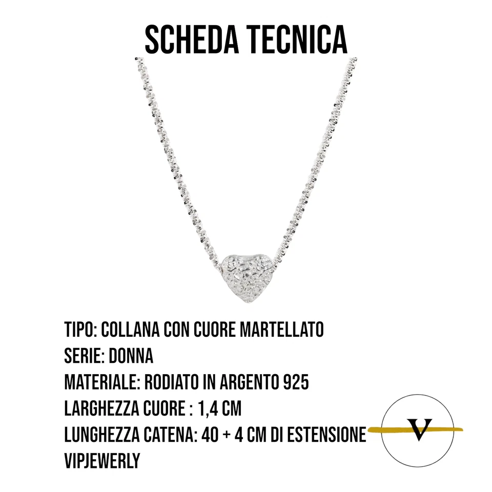 COLLANA DONNA ARGENTO 925 RODIATO CON PENDENTE A CUORE MARTELLATO - Immagine 3 di 4