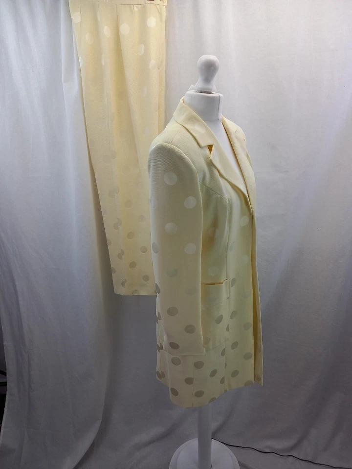 Simon Ellis cream white 2 piece suit polka dot long jacket + trousers UK 12 VGC — 第 3/4 张图片