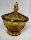 Vintage Anchor Hocking Gold Amber Glass Covered Candy Dish Nut Bowl Footed