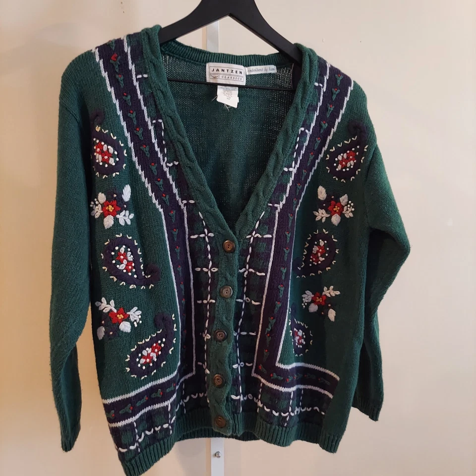 Cárdigan Suéter Jantzen Bordado a Mano Medio Verde Cachemira Años 90 Vacaciones Foto 2 de 4