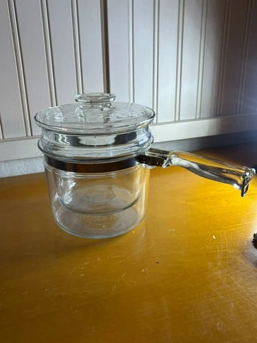 Vtg Pyrex Flameware 6283U 1½ qt Glass Saucepan Double Boiler w/lid flawed