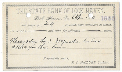 1885 Postcard, The State Bank of Lockhaven, PA, E.C. McClure, Cashier