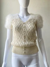 Vintage S M Top Angora Fur Crochet Knit Puff 70s 80s Metallic Agatha Donsky VGUC