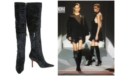 F/W 99 Tom Ford for Gucci Black Onyx Embellished Velvet Over Knee Boots 37.5 7.5