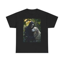 The Grim Reaper Pets His Dog T-Shirt - Funny Spooky Halloween Tee for Dark Humor