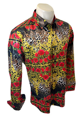 Button Down SHIRTS MEN BAROQUE LONG SLEEVE BLACK LEOPARD ROSES SNAKESKIN  VS127 | eBay