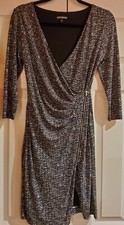 Express Women Dress XS Faux Wrap w/ Zip Deep V Neck Lined Print Long Sleeve